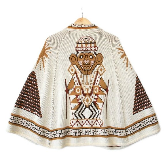 Vintage Clarke Fashions Ivory Mayan Boho Tiki Poncho Sweater One Size - Picture 1 of 8